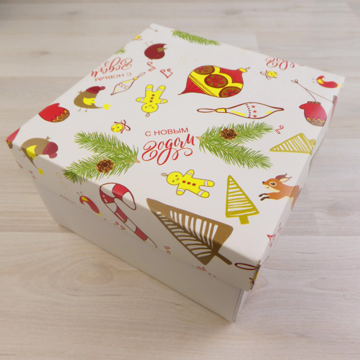 Коробка Атлас белый "Новогодние игрушки"